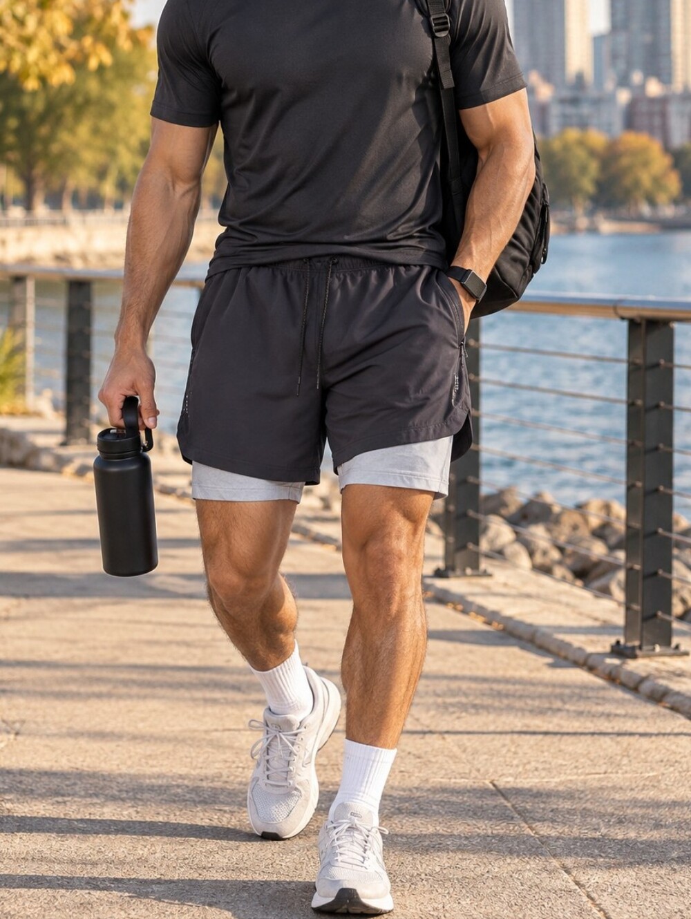 ASRV Men’s Black Dual-Layer Performance Running Training Shorts Casual